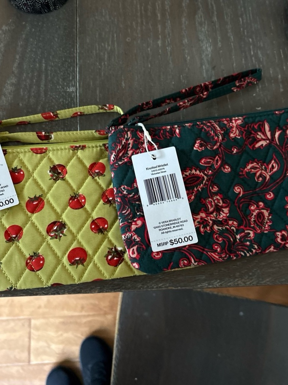 Vera Bradley LOT OF 2 Dark Green & Red Paisley Quilted Wristlet